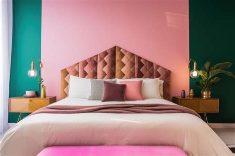 Premium AI Image A Pink And Green Bedroom With A Bed And A Bench