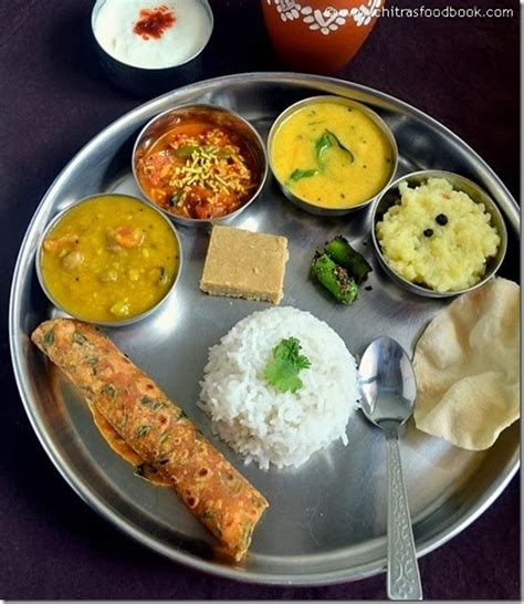 Gujarati Thali Recipes Dal Sev Tamatar Curry Kadhi Green Chilli Pickle Chitra S Food Book