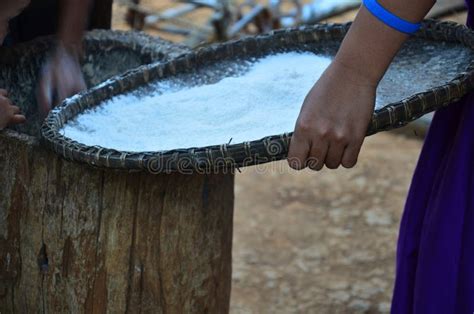 Traditional Folk Wisdom Tribe Karen People Use Large Wooden Mortar And