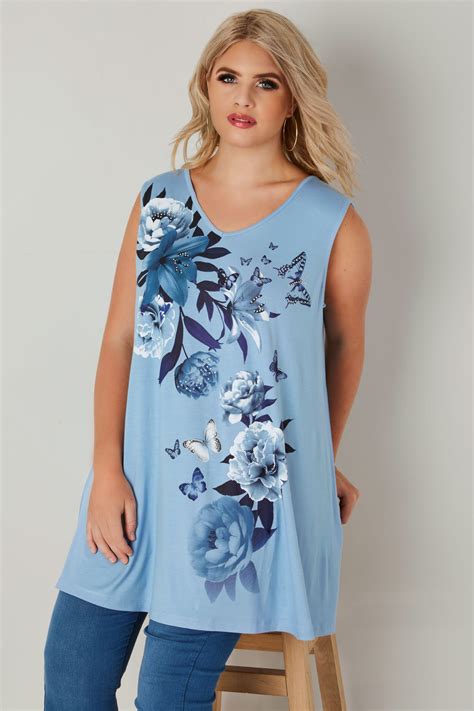 Blue Embellished Lily Floral Print Swing Top Plus Size 16 To 36