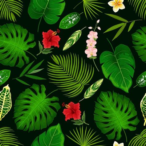 Premium Vector Tropical Flower And Palm Leaf Seamless Pattern