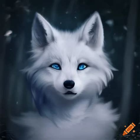 White Fluffy She Wolf Girl With Blue Eyes In A Dark Forest Under A