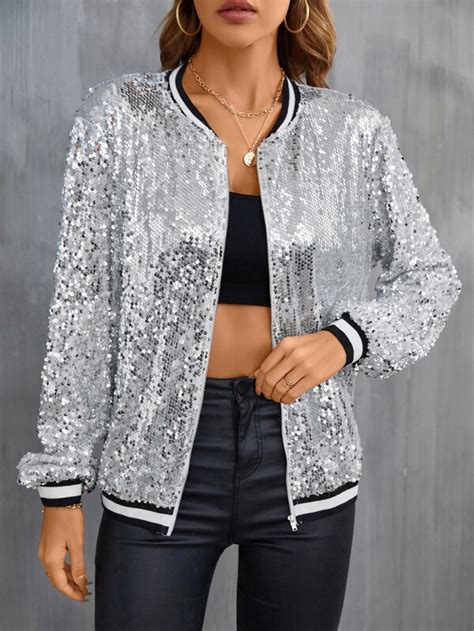 Shein Privé Drop Shoulder Striped Trim Sequin Varsity Jacket Shein Uk