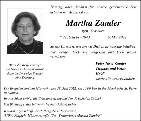 Traueranzeigen Von Martha Zander WirTrauern