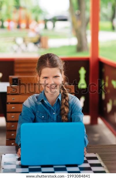 Close Portrait Girl Behind Laptop School Stock Photo 1993084841