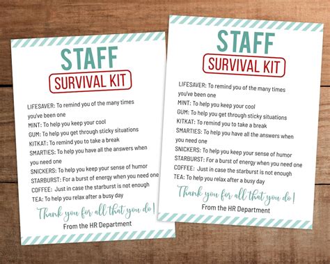 Editable Staff Survival Kit Printable Employee Appreciation T Etsy