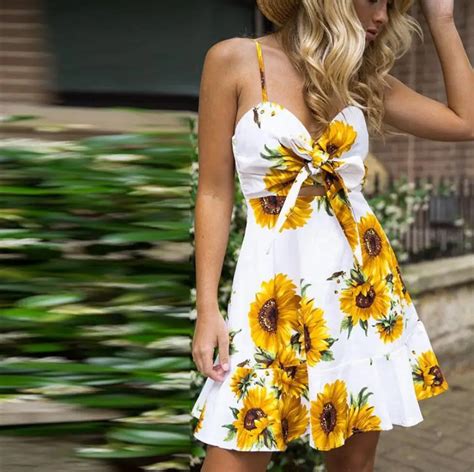 Sexy Women Holiday Mini Dress Sunflower Printing Sleeveless Sling Dress