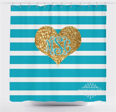 Turquoise Stripe And Gold Glitter Heart Shower Curtain Etsy Gold