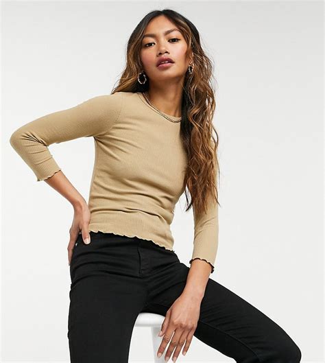 Stradivarius Long Sleeve Top With Lettuce Edge In Beige Asos