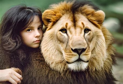 Una Niña Y Un León Foto Premium