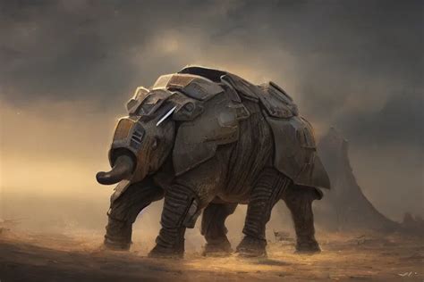 An Armored Battle Elephant Sci Fi Art Oil Painting Stable