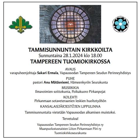 Tammisunnuntain Kirkkoilta Tampereen Tuomiokirkossa Klo