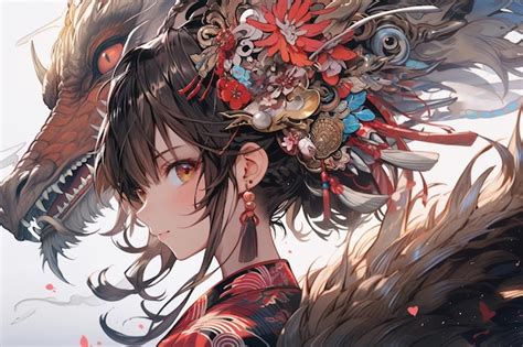 Premium Photo | Anime girl with a headdress and a large wolf generative ai