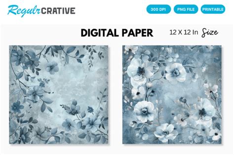 Blue Dusty Blue Floral Digital Paper Graphic By Regulrcrative
