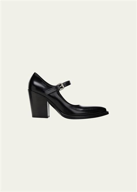 Prada Leather Mary Jane Block Heel Pumps In Black Lyst