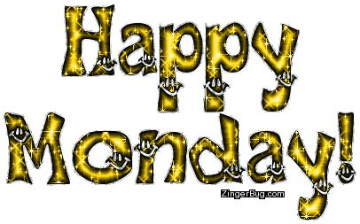 Happy Monday Yellow Glitter Smiley Text Glitter Graphic, Greeting, Comment, Meme or GIF