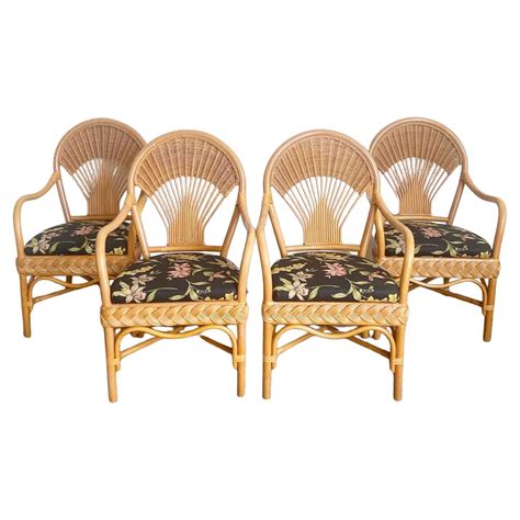 Boho Chic Bamboo Rattan Woven Wicker Dining Chairs Set Of 4 For Sale