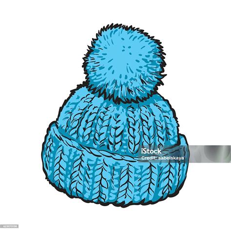 Bright Blue Winter Knitted Hat With Pompon Stock Illustration Download Image Now Arts