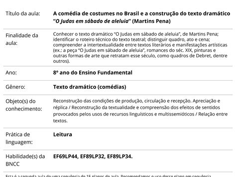 Plano De Aula 8º Ano A Comédia De Costumes No Brasil E A Construção