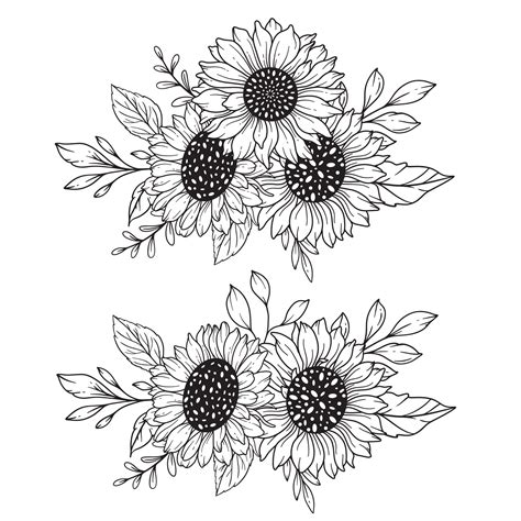 Sunflowers Line Art Fine Line Sunflower Bouquets Hand Drawn