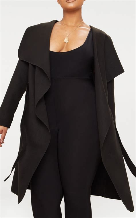 Plus Black Waterfall Coat | Plus Size | PrettyLittleThing USA