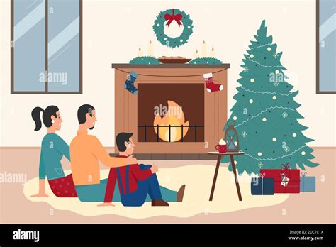 Des Familles Heureuses Assis Près De La Cheminée De Noël Illustration