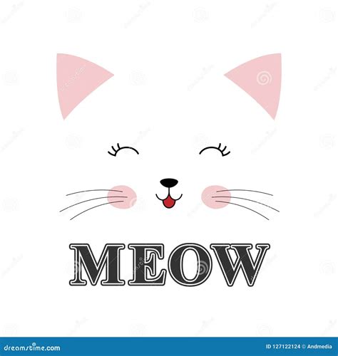 Cute Cartoon Cat And Inscription Meow Isolated On White Background