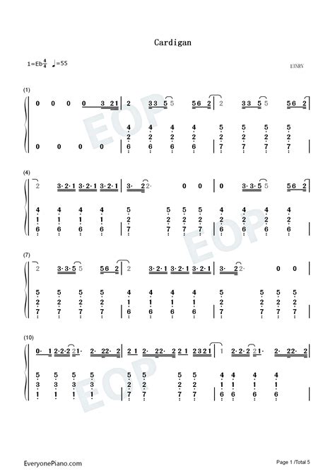 Cardigan Taylor Swift双手简谱预览1 钢琴谱文件（五线谱、双手简谱、数字谱、midi、pdf）免费下载