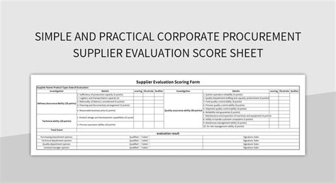 Simple And Practical Corporate Procurement Supplier Evaluation Score Sheet Excel Template And