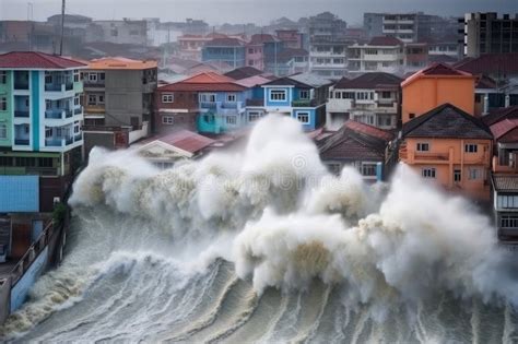 Tsunami Wave Crashes into Coastal City, Flooding Streets and Destroying ...