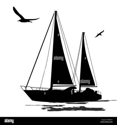 Sailing Boat Silhouette With Birds On White Background Vector