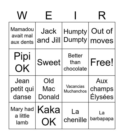 Weird Kids Songs Bingo Card