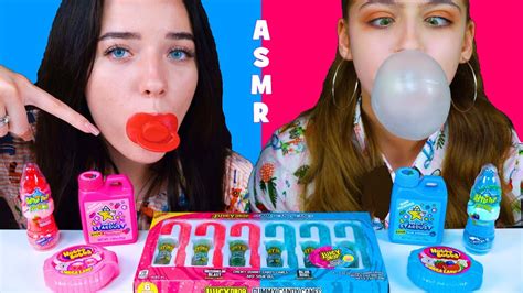 Asmr Red Food Vs Blue Food Chewing Party Hubba Bubba Race Gum Powder Youtube