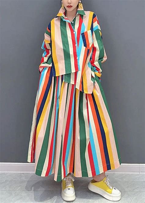 Loose Rainbow Peter Pan Collar Striped Button Shirts And Maxi Skirts