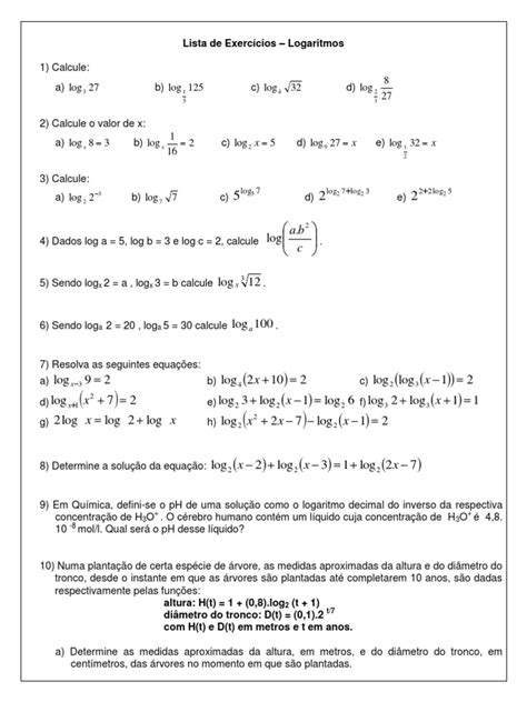 Questões De Logaritmo - Lista de Exercícios de Logaritmos | PDF | Exponenciação | Logaritmo