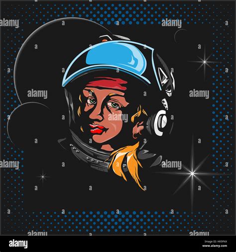 Pop Art Portrait Of A Woman Astronaut Poster Retro Style Stock Photo