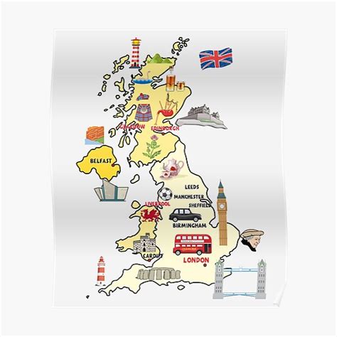 "UK map ILLUSTRATED MAP OF UNITED KINGDOM SHOWING THE TOP ATTRACTIONS ...