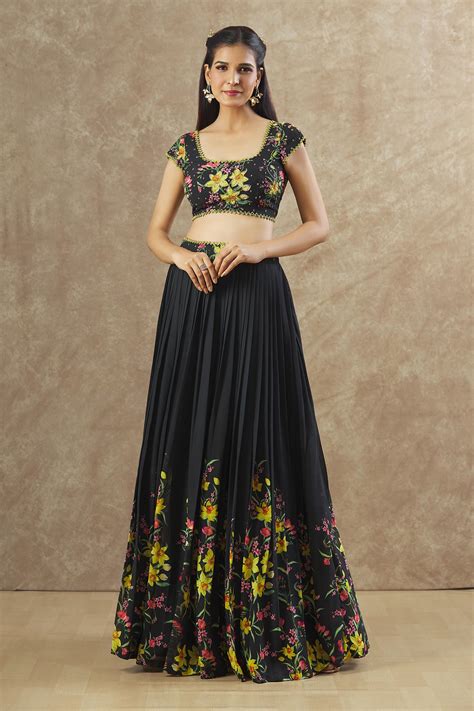 Buy Black Georgette Printed Floral Round Pattern Blouse And Lehenga Set