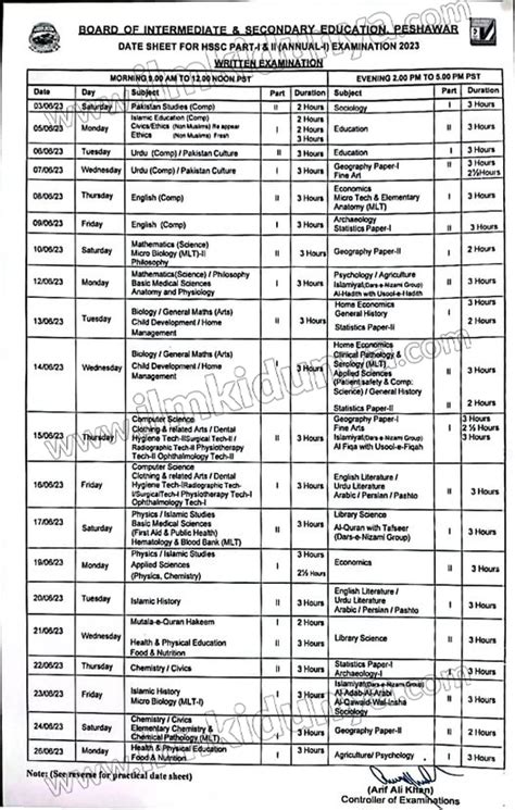 BISE Peshawar Board Inter Date Sheet 2023 Part 1, 2