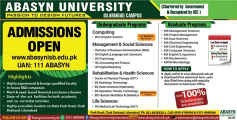 Abasyn University Islamabad Campus Admission 2024 Form Last Date