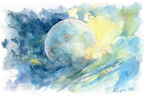 Blue Planet On Blue Original Watercolor Painting By Annakrupa