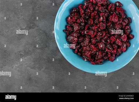 Dried Cranberries In Blue Bowl Top View Healthy Tasty Dry Red Berries