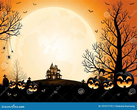 Halloween Pumpkins Spooky Trees And Haunted House With Moonlight On