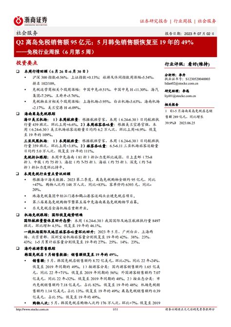 免税行业周报（6月第5周）：q2离岛免税销售额95亿元；5月韩免销售额恢复至19年的49pdf 报告查一查