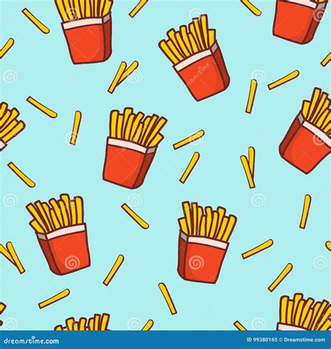 Doodle French Fries Seamless Pattern Background Stock Illustration