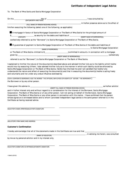 Fillable Certificate Of Independent Legal Advice Form 1150413 Printable