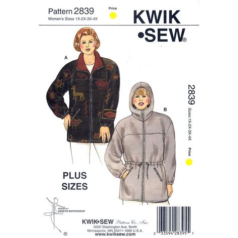 Womens Plus Size Fleece Jacket Pattern Kwik Sew Zipper Collar Hood