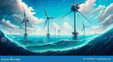 Offshore Wind Farm With Turbines In The Ocean Generative Ai Stock Illustration Illustration Of