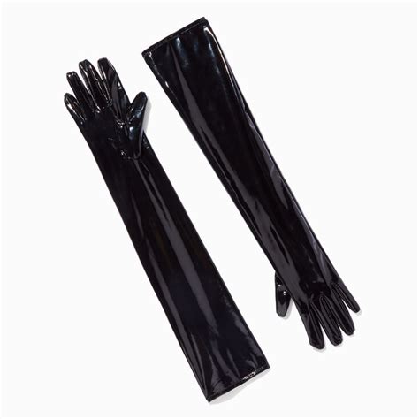 Black Patent Faux Leather Long Gloves Claires