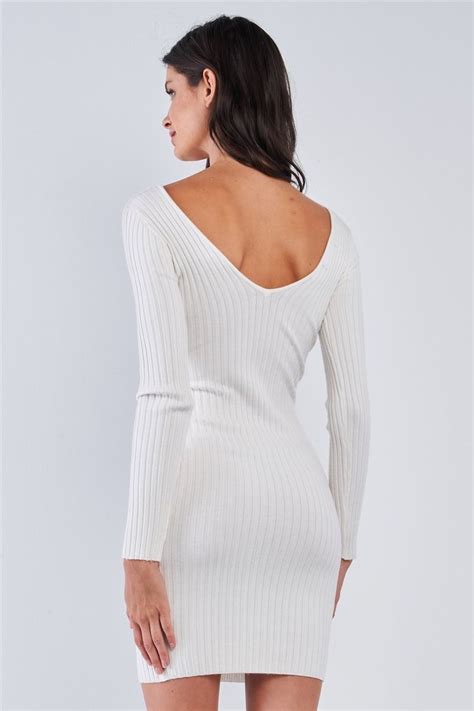 Off White V Neck Long Sleeve Ribbed Knit Sweater Mini Dress Mini